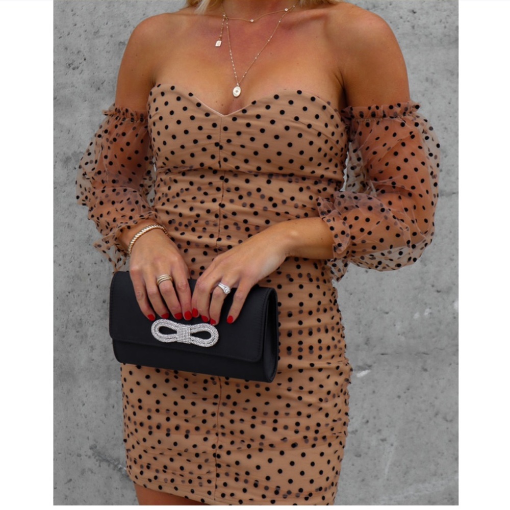 VICI Ruched Polka Dot Mini Dress (Tan) NWT